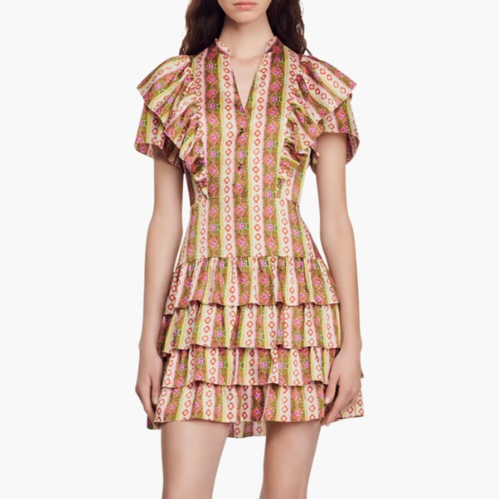 SANDRO Paris Statement Striped Tiered Mini Dress - XS